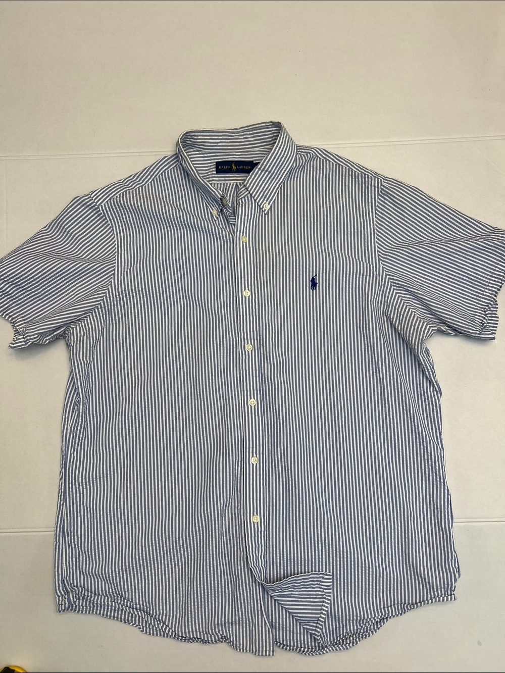 RALPH LAUREN MENS COTTON BLUE & WHITE STRIPED SHORT SLEEVE BUTTON DOWN TOP XL